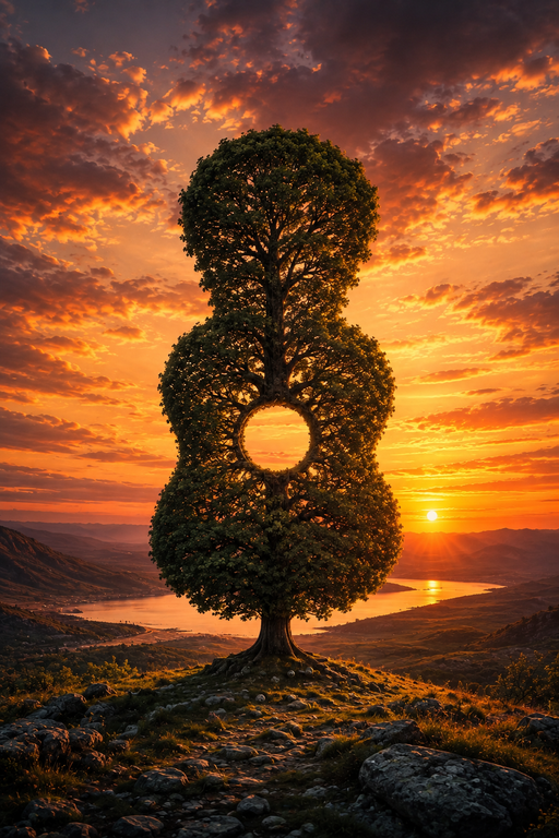 Futuristischer Baum in der Form einer Akustikgitarre bei Sonnenuntergang